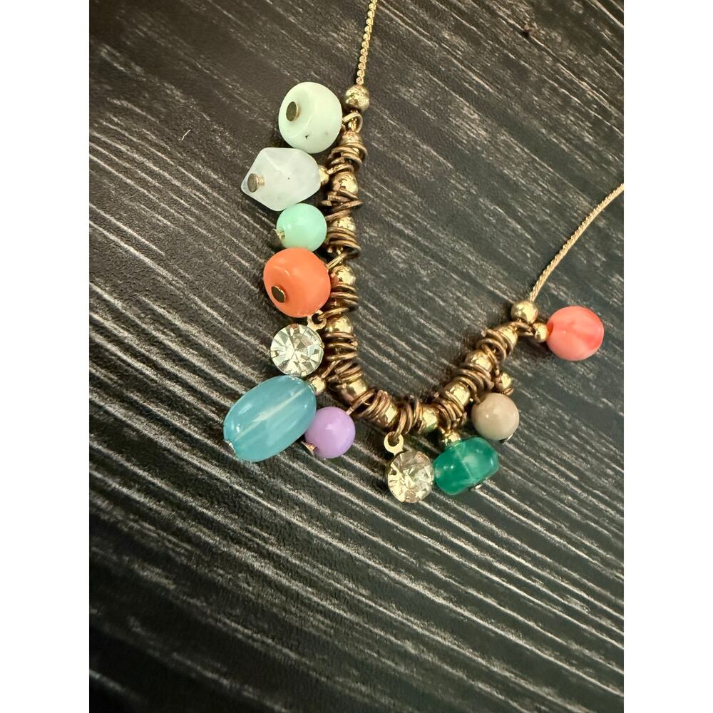 MultiColor Stone & Rhinestone Beaded Gold Chain Necklace - Picture 2 of 3